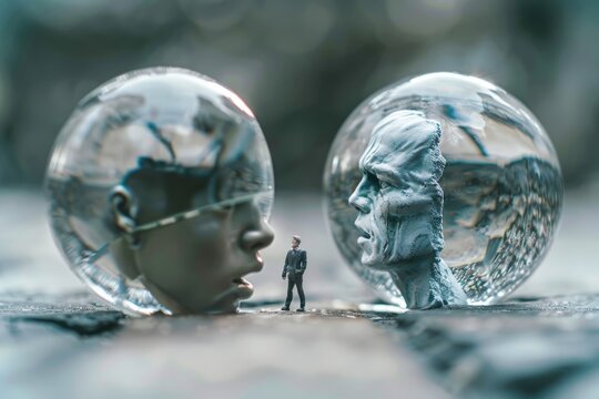 A person examining a crystal ball, useful for editorial and commercial use