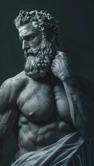 Majestic portrayal of a muscular roman deity exuding strength and wisdom in contemplative pose