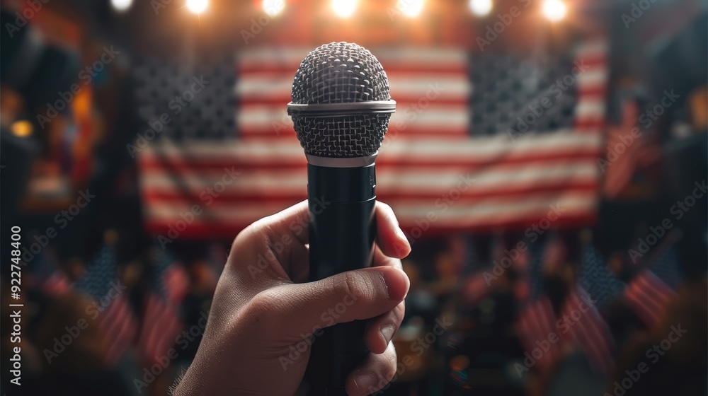 Poster against a backdrop of american flags, a hand holds a microphone. generative ai.
