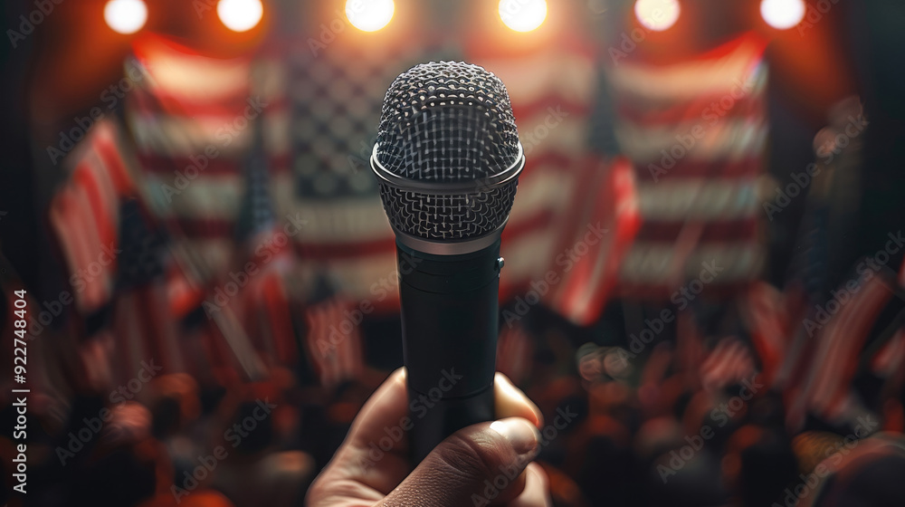 Poster against a backdrop of american flags, a hand holds a microphone. generative ai.