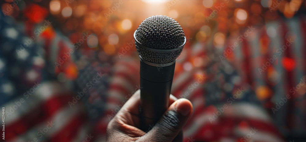 Poster against a backdrop of american flags, a hand holds a microphone. generative ai.