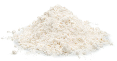 Heap of refined wheat or rye flour isolated on white background.
