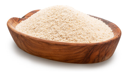 Cassava flour or manioc flour in wooden bowl on white background. File contains clipping path.