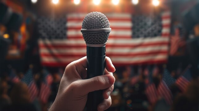 Against a backdrop of American flags, a hand holds a microphone. Generative AI.