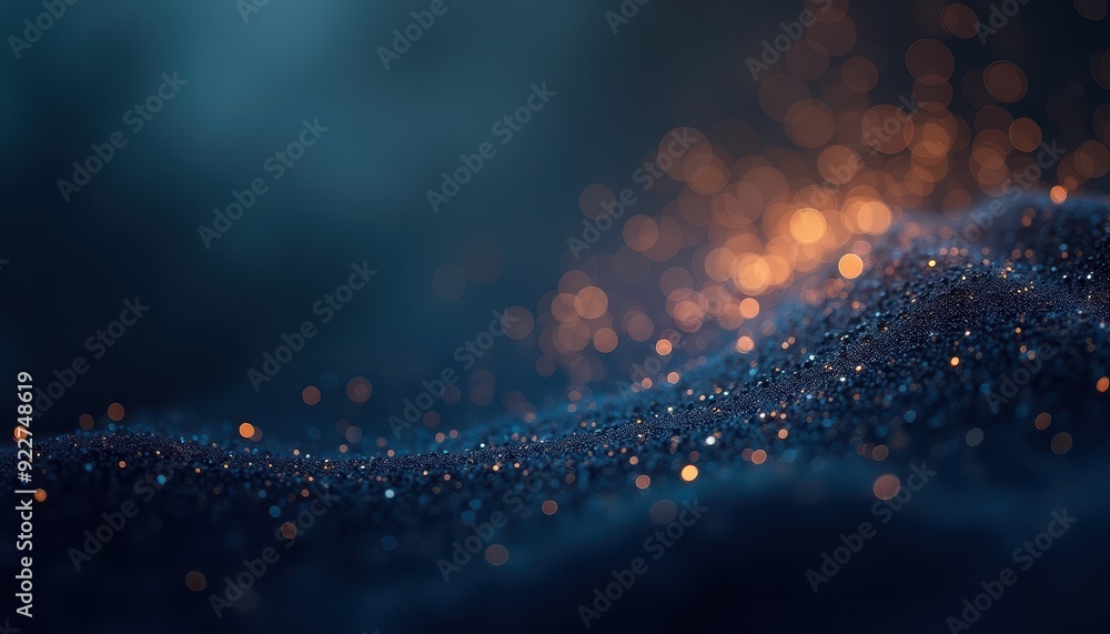 Poster close-up of a mystical, sparkling texture with glowing bokeh lights in a dark enigmatic ambiance.