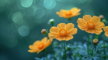 Pilosella aurantiaca, a vibrant orange decorative plant, growing wild in a meadow among grasses. Minimalist composition with a green blurred background and copy space, highlighting natural beauty