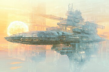 Futuristic spaceship hovering over a serene landscape at sunrise