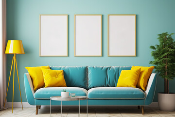 Abstract home interior with poster and painting mockups.