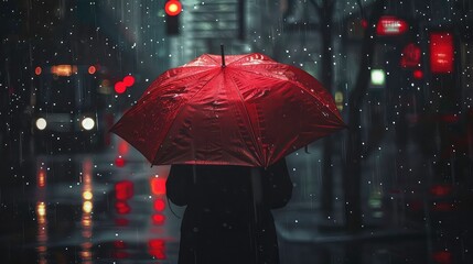 A person walks through the rain in the city at night with a red umbrella. The street is blurry and dark, with only the lights of cars and buildings visible.