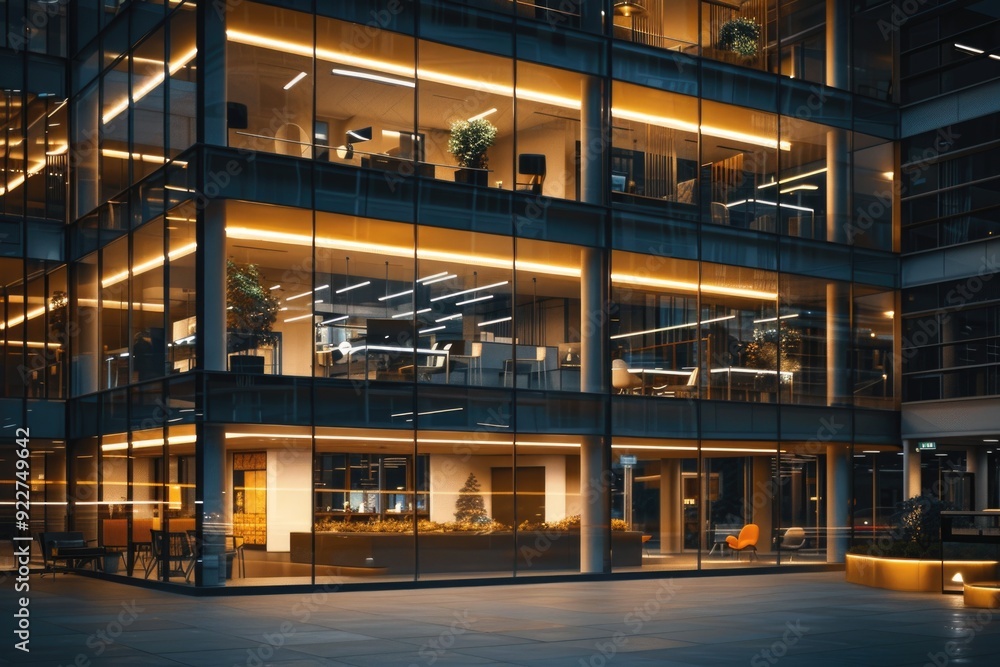 Poster Office building with many windows, suitable for use in interior design or architecture concepts