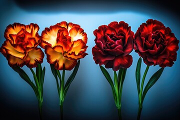 Obraz premium Vibrant Carnations in Gradient Lighting – Striking Floral Photography with Red and Yellow Petals