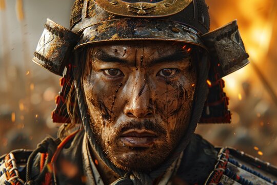 Valiant icon - japanese samurai portrait, highlighting the fierce determination and noble stature, adorned in traditional armor with katana, representing valor and legacy of feudal japan
