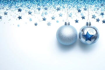 Blue and Silver Christmas Decorations with Hanging Baubles and Stars on White Background