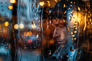 A person standing at a window, gazing outside on a rainy day