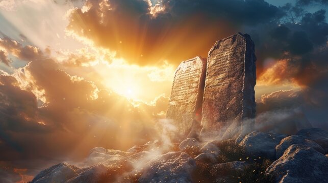 Divine commandments  two stone tablets under sunlight on mountain   realistic depiction