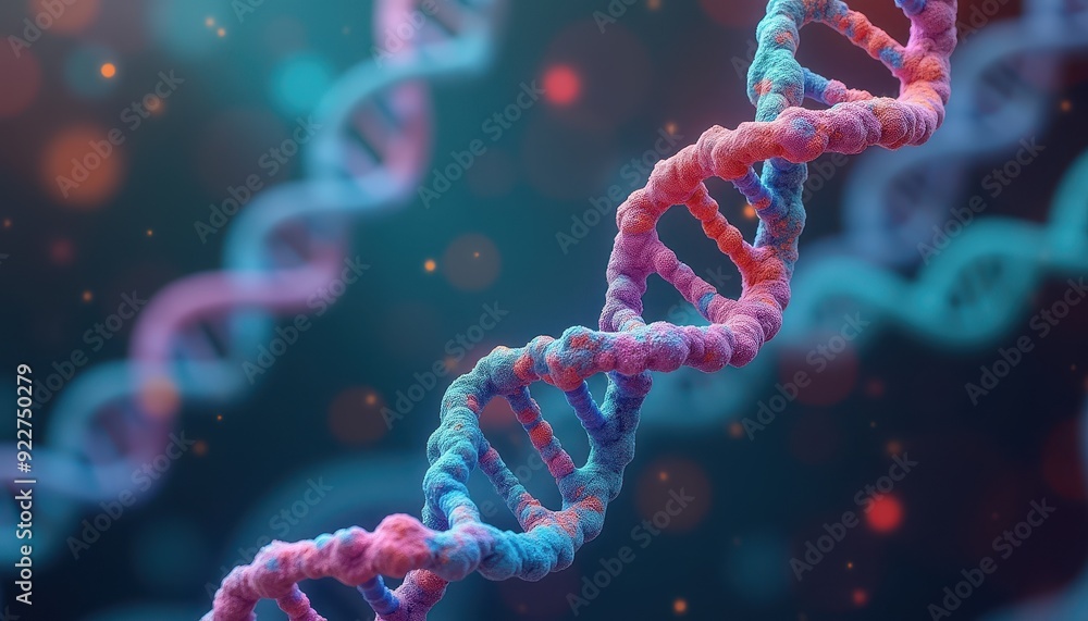 Aufkleber close-up of a colorful dna double helix structure with a blurred background.