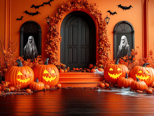 Obraz premium Central empty 3D podium, with Jack-o'-lanterns and haunted mansion decor. Bats and cobwebs fill the scene, with candy scattered near ghostly portraits and eerie lighting, all in a black and orange col