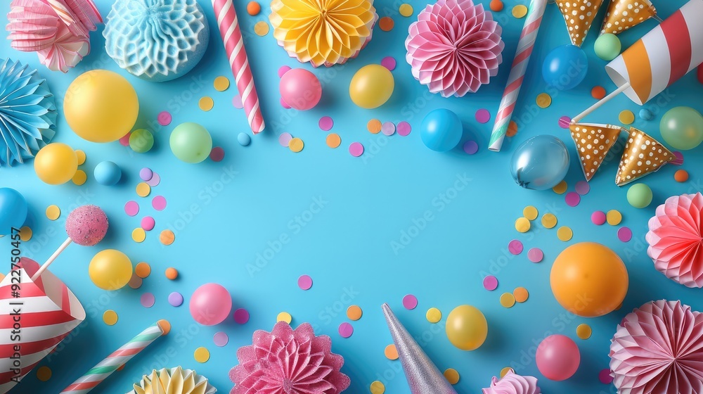 Poster A vibrant of colorful party supplies arranged in a festive frame on a bright blue background. Generative AI.
