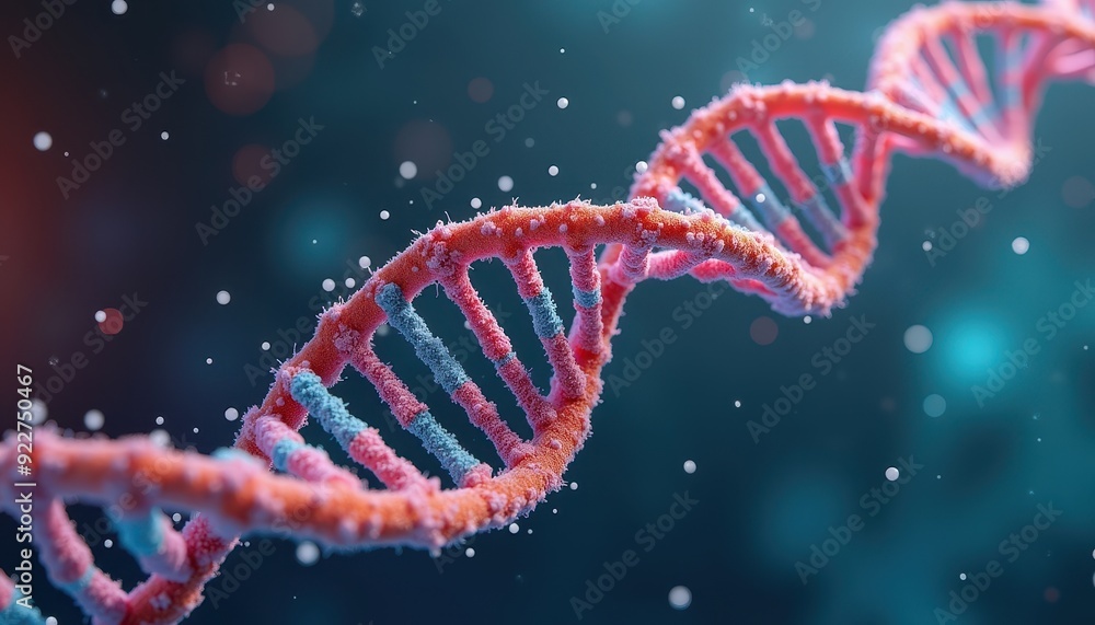 Poster dna double helix structure in a vibrant 3d illustration with glowing particles in the background.