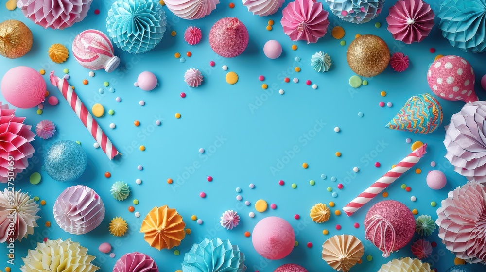 Poster A vibrant of colorful party supplies arranged in a festive frame on a bright blue background. Generative AI.