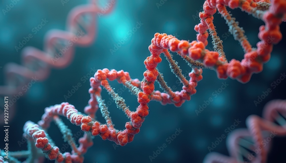 Poster close-up of a dna double helix structure with a vibrant red and turquoise color scheme.