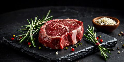Fresh raw steak seasoned with salt and herbs on black table against dark background, fresh meat steak photo
