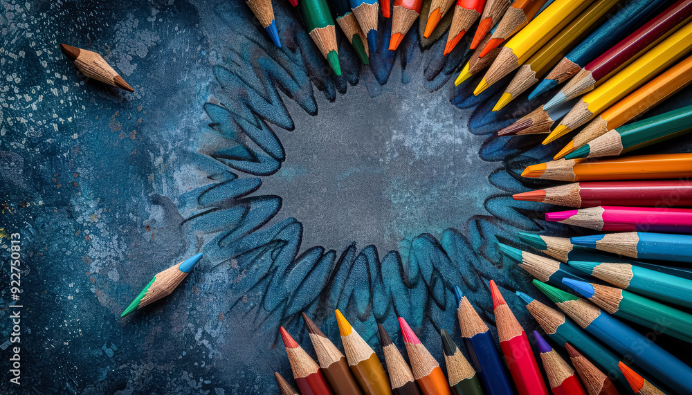 Poster a row of pencils with different colors, including red, yellow, and blue. the pencils are lined up ne
