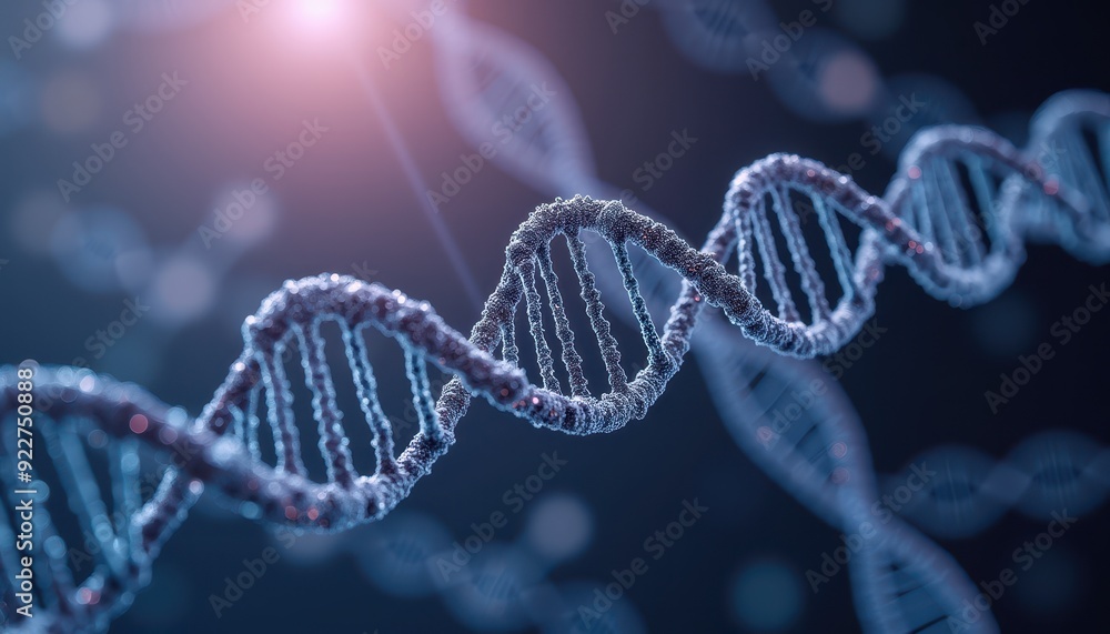 Poster close-up of a dna double helix structure illuminated by soft pink light on a dark background.