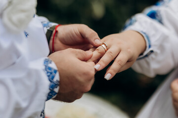 Beautiful close-up of a bride and groom exchanging wedding rings during a romantic ceremony