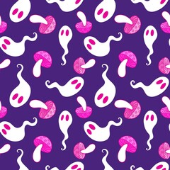 Halloween ghost seamless cartoon mushrooms pattern for wrapping paper 