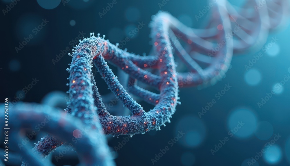 Poster close-up of a dna double helix structure, highlighting the intricate details and glowing particles.