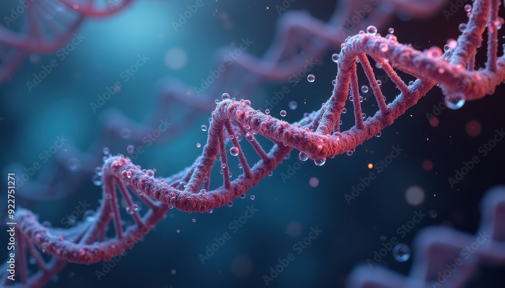 Poster close-up view of a dna double helix strand with a bokeh background and glowing blue and pink colors.