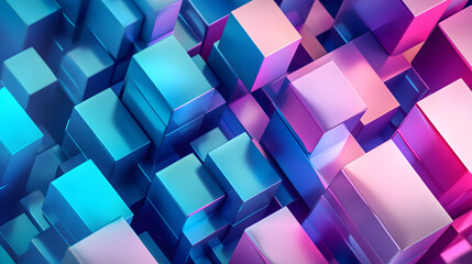 Backdrop with abstract 3D cubes in shades of blue and pink, creating a dynamic and futuristic visual. Concept of digital art, modern design, and technological innovation
