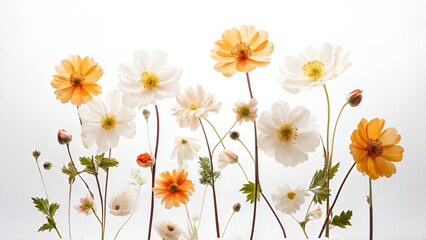 Fototapeta premium Set of blooming wild flowers placed on a white background.