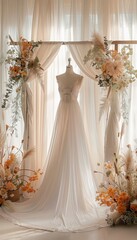 Romantic white wedding setting with floral decor and bridal gown in soft lighting