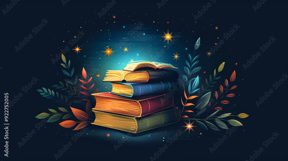 Poster a stack of books with leaves on top of them. the books are of different sizes and colors