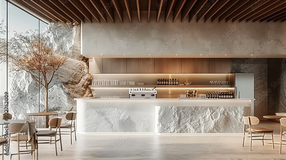 Aufkleber a minimal interior design of a restaurant with table and chair along with a counter and stone cladde