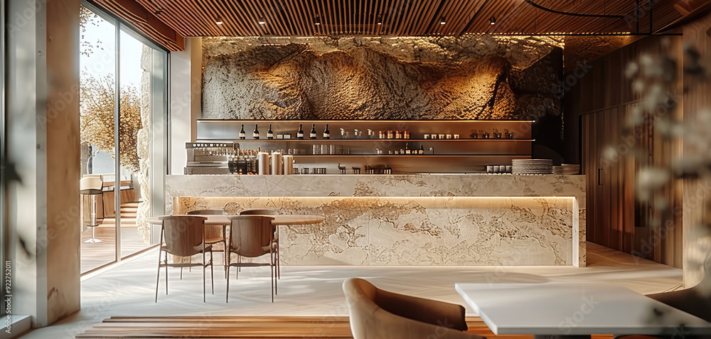 Poster a minimal interior design of a restaurant with table and chair along with a counter and stone cladde