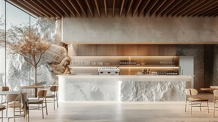 A minimal Interior design of a restaurant with table and chair along with a counter and stone cladded on wall. Generative AI.