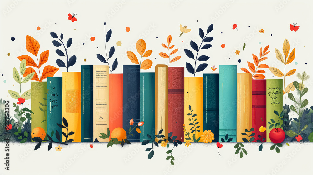 Poster a stack of books with leaves on top of them. the books are of different sizes and colors