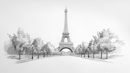 Drawing illustration of the Eiffel Tower, Paris in black and white pencil