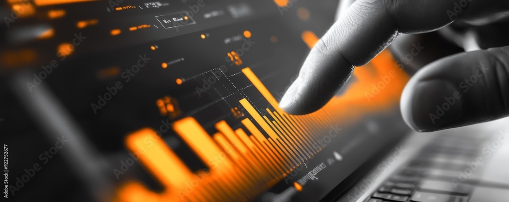 Poster close-up of a hand interacting with a digital graph on a touchscreen device