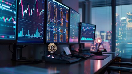 Modern Trading Desk with Cryptocurrency Charts and Bitcoin Coin
