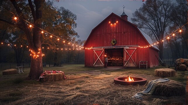 A red barn with doors open for a party with string lights to a nearby tree and a fire pit with hay bales around with blankets over them festive atmosphere for a hoedown. Generative AI.