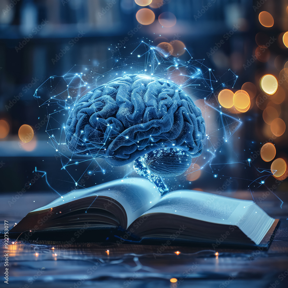 Wall mural a person is holding an open book with a glowing brain in the middle. the brain is surrounded by a ne