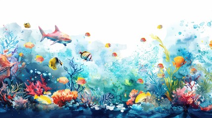 Fototapeta premium Design a sea life border watercolor background, illustrating an outdoor aquarium atmosphere