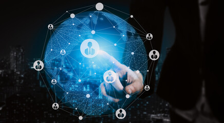 Human Resources Recruitment and People Networking Concept. Modern graphic interface showing professional employee hiring and headhunter seeking interview candidate for future manpower.