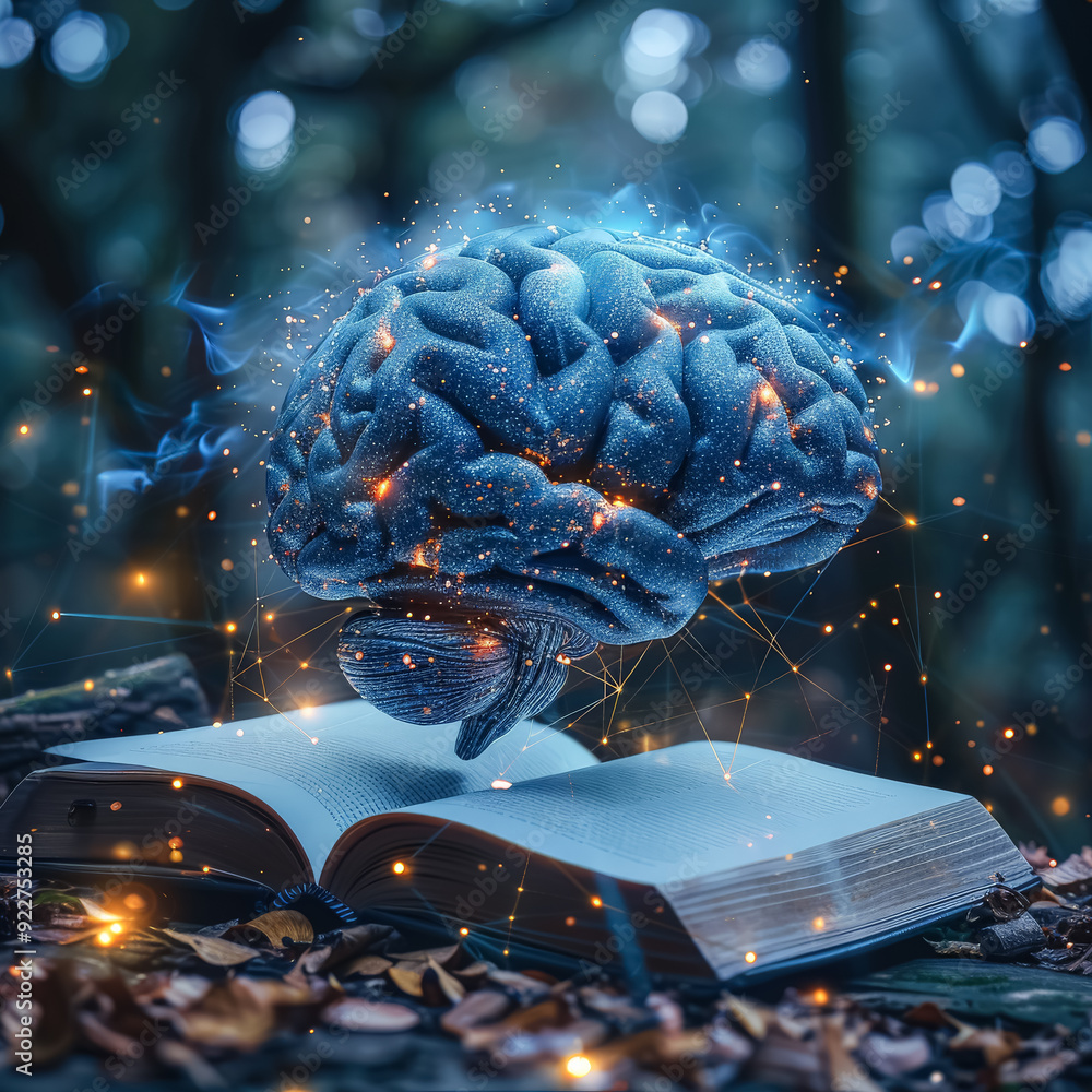 Poster a person is holding an open book with a glowing brain in the middle. the brain is surrounded by a ne