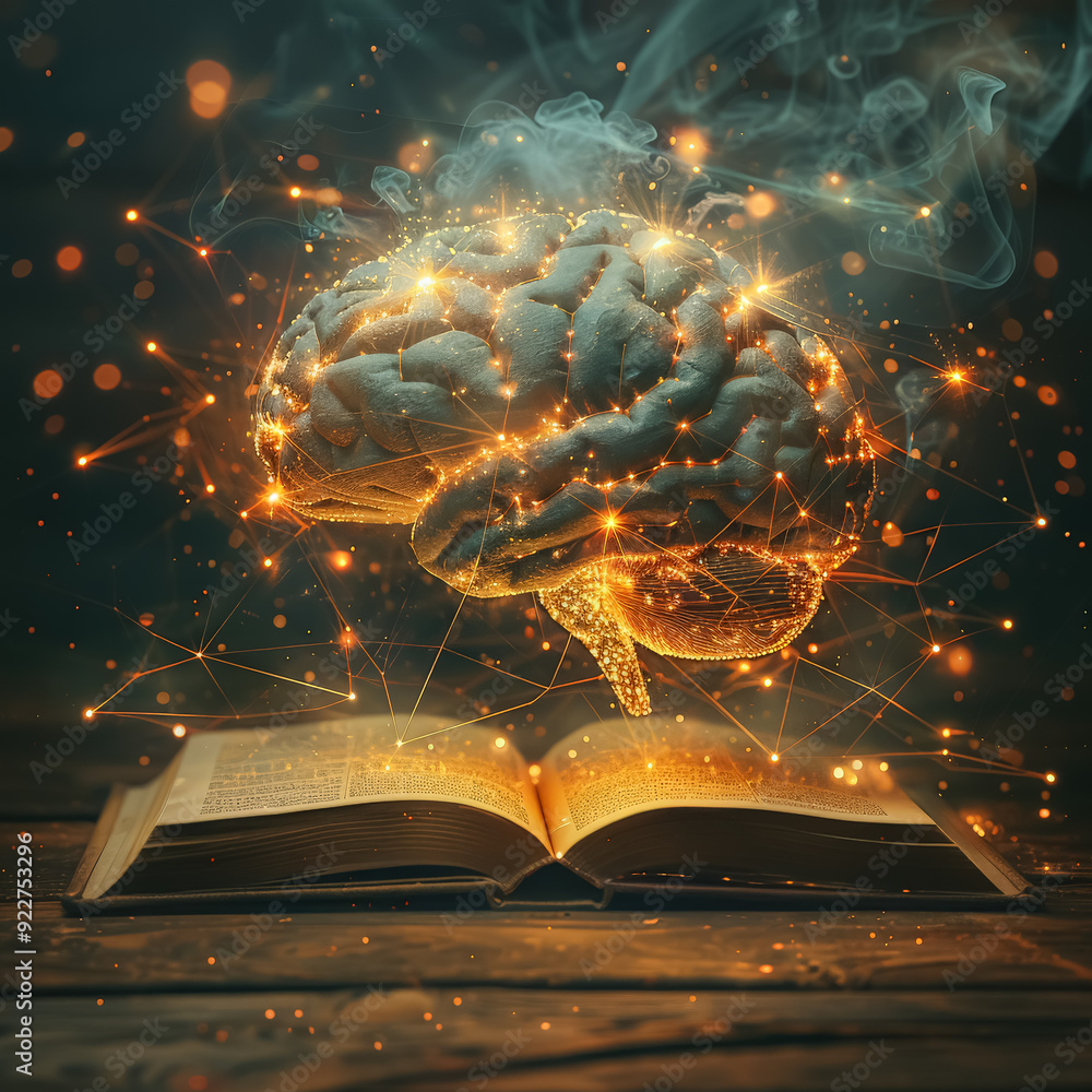 Poster a person is holding an open book with a glowing brain in the middle. the brain is surrounded by a ne