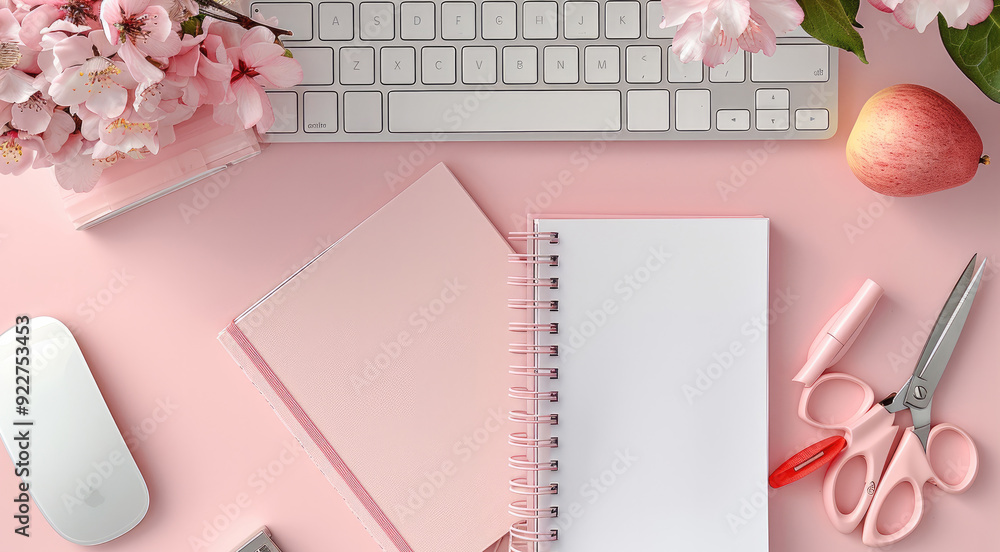 Aufkleber A light pink desk with a notebook, a white computer keyboard next to the spiral notebook, a pair of scissors beside the notepad. top view. Generative AI.